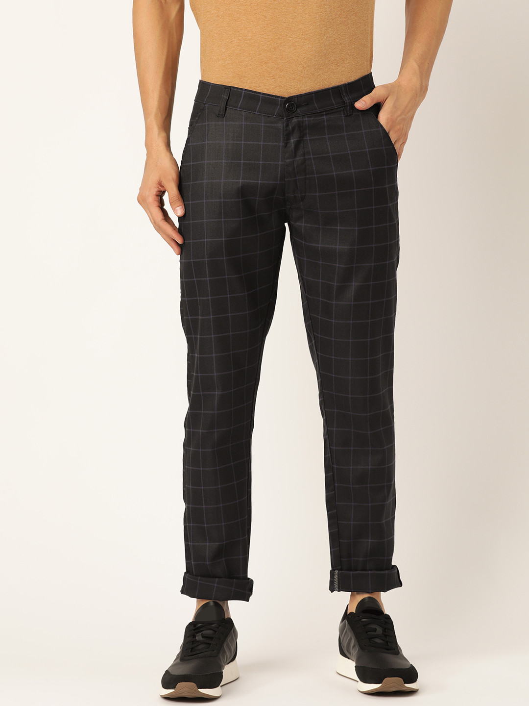 SOJANYA Men Black & Purple Smart Fit Checked Regular Trousers