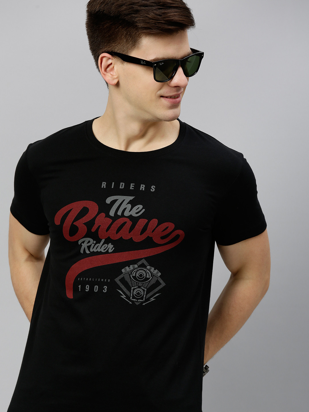 HERENOW Men Black Printed Round Neck Pure Cotton T-shirt