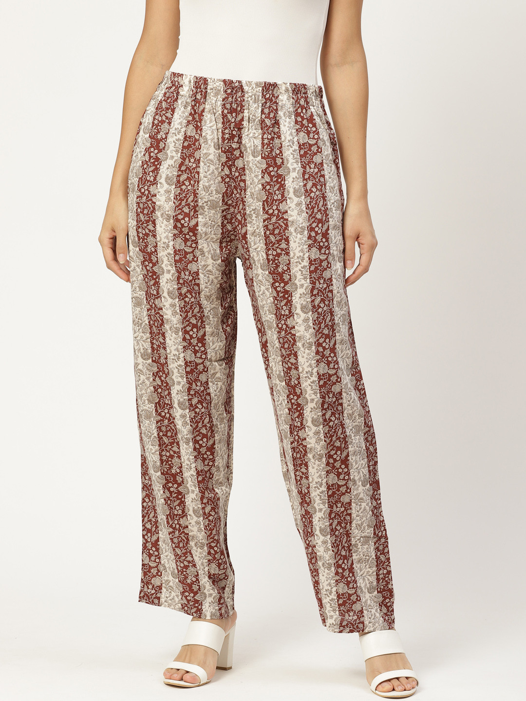 shiloh Women Maroon & White Striped Straight Palazzos
