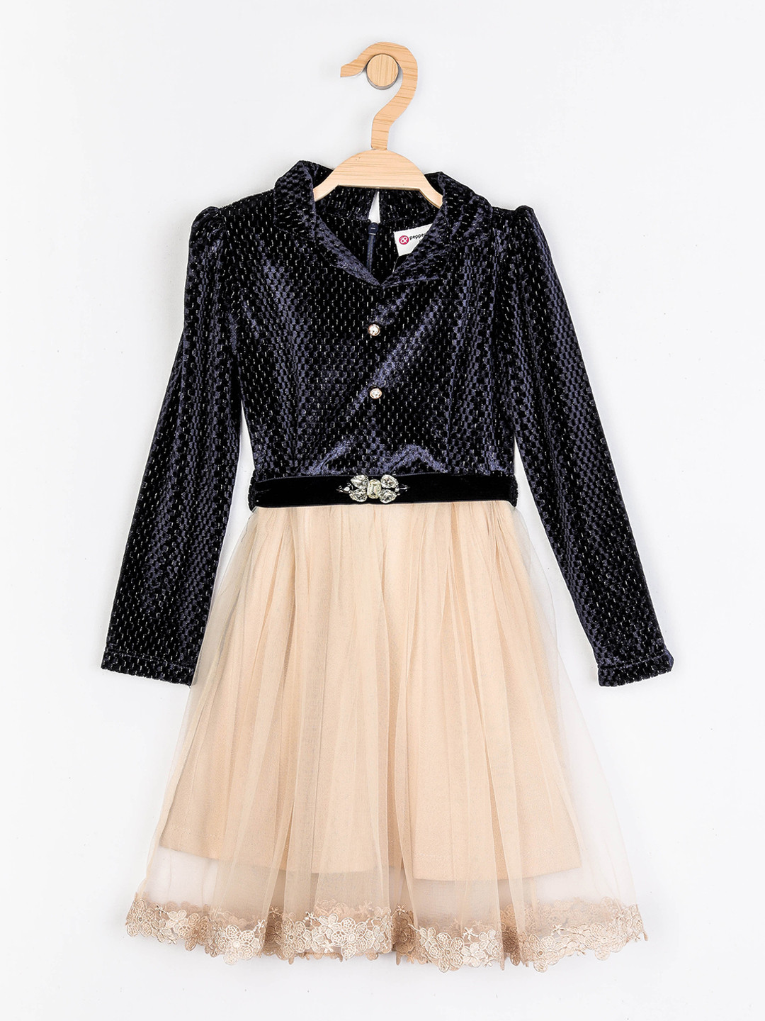 Peppermint Girls Navy Blue & Cream-Coloured Embellished Fit and Flare Dress