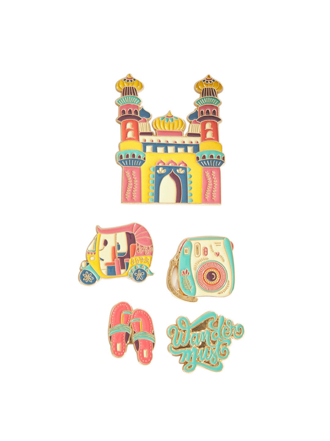 Chumbak Set Of 5 Pink & Green Travel India Enamel Fridge Magnets