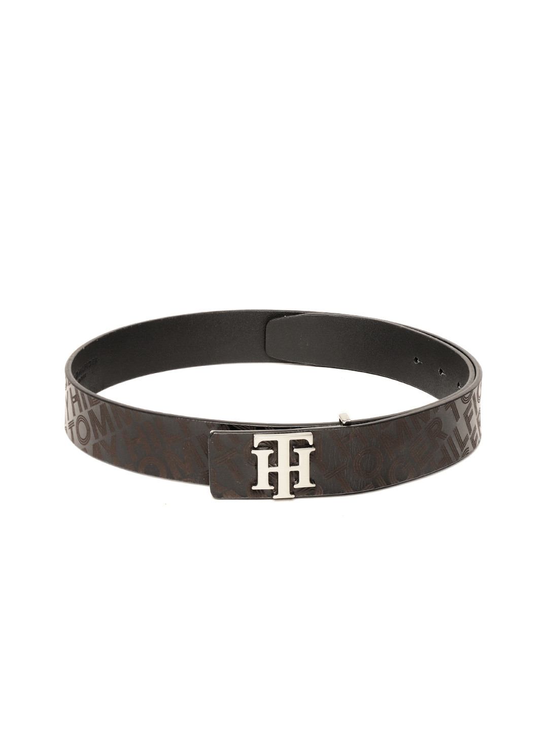 Tommy Hilfiger Men Black & Coffee Brown Typography Print Leather Belt