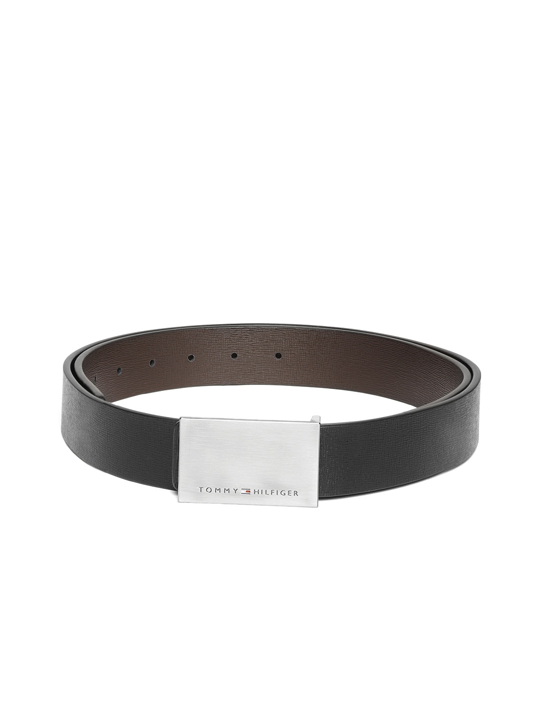Tommy Hilfiger Men Black & Coffee Brown Textured Reversible Leather Belt