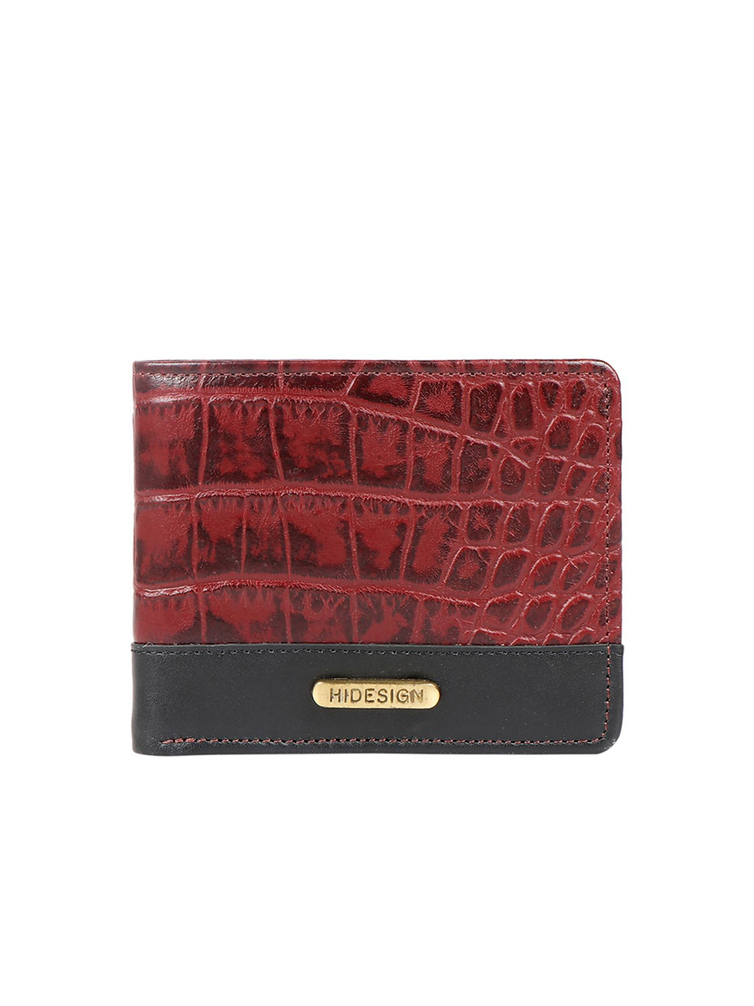 Hidesign Men Red & Black Croc Textured & Colourblcoked Two Fold Leather Wallet