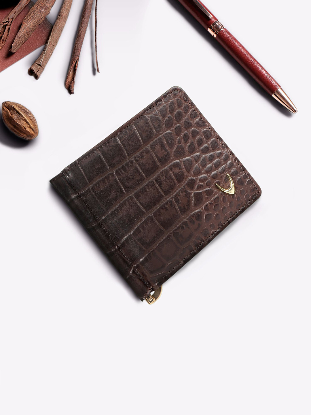 Hidesign Men Brown Crocodile Skin Textured Money Clip