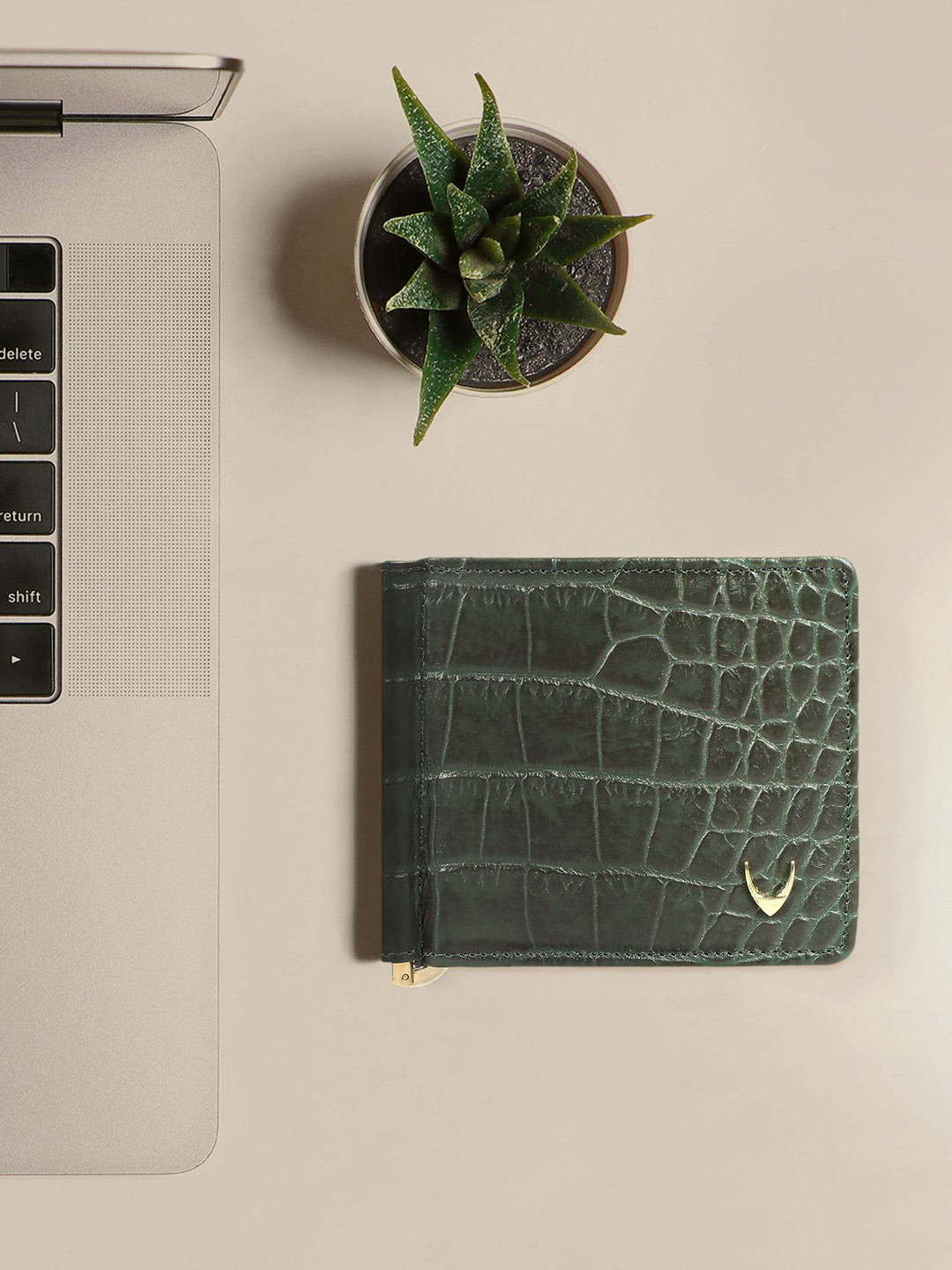 Hidesign Men Olive Green Crocodile Skin Textured Money Clip