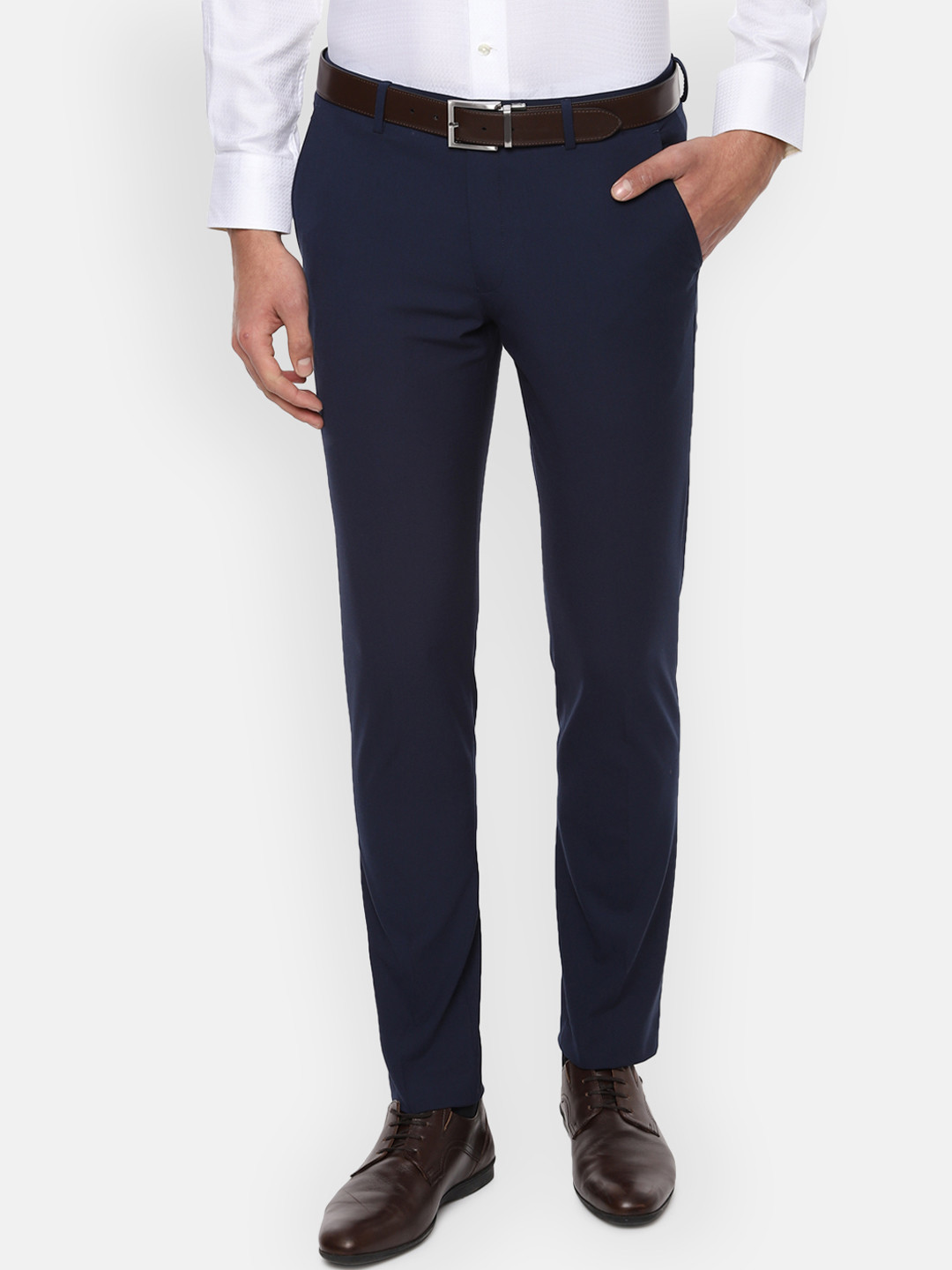 Louis Philippe Men Navy Blue Slim Fit Solid Formal Trousers