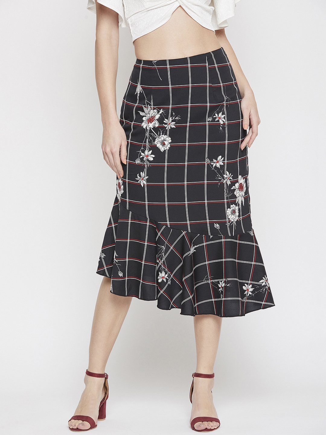 RARE Women Black White Floral Printed A line Skirt