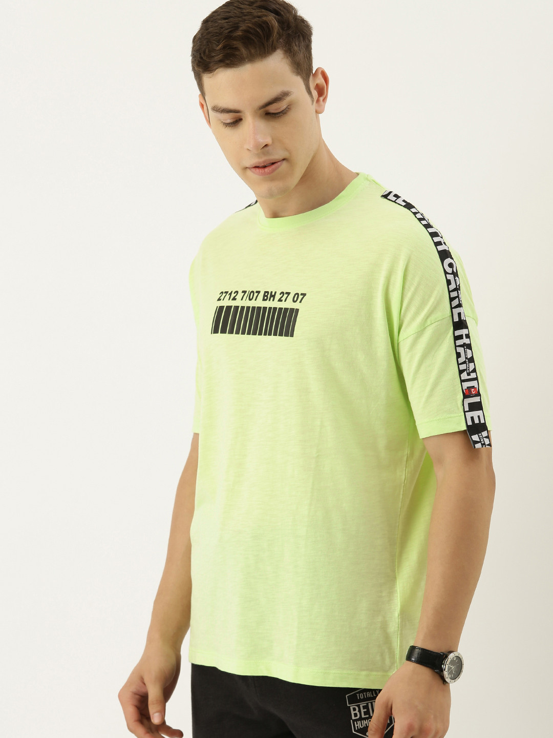 Being Human Clothing Men Yellow Printed Round Neck Pure Cotton T-shirt with Side Tape Detailing