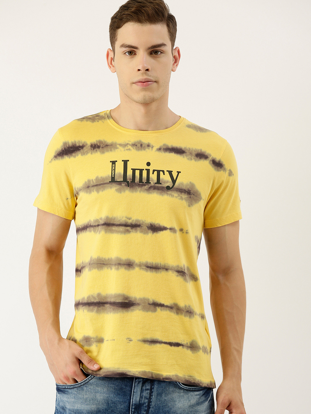 Being Human Men Yellow & Black Dyed Round Neck T-shirt
