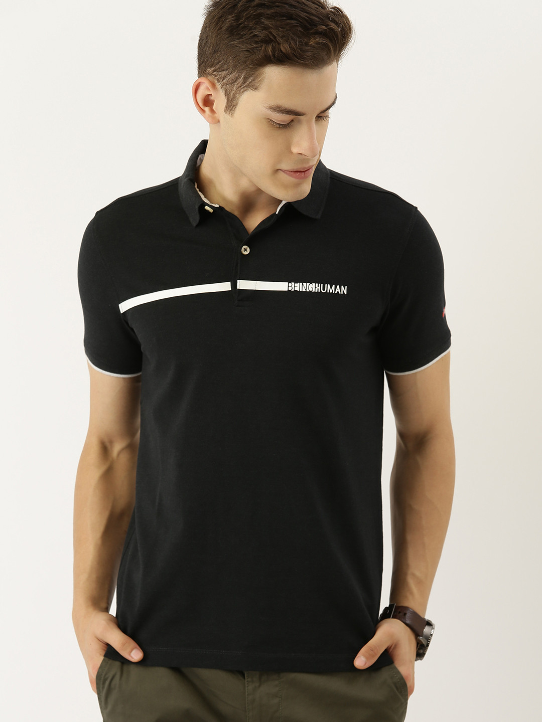 Being Human Men Black Solid Polo Collar Pure Cotton T-shirt