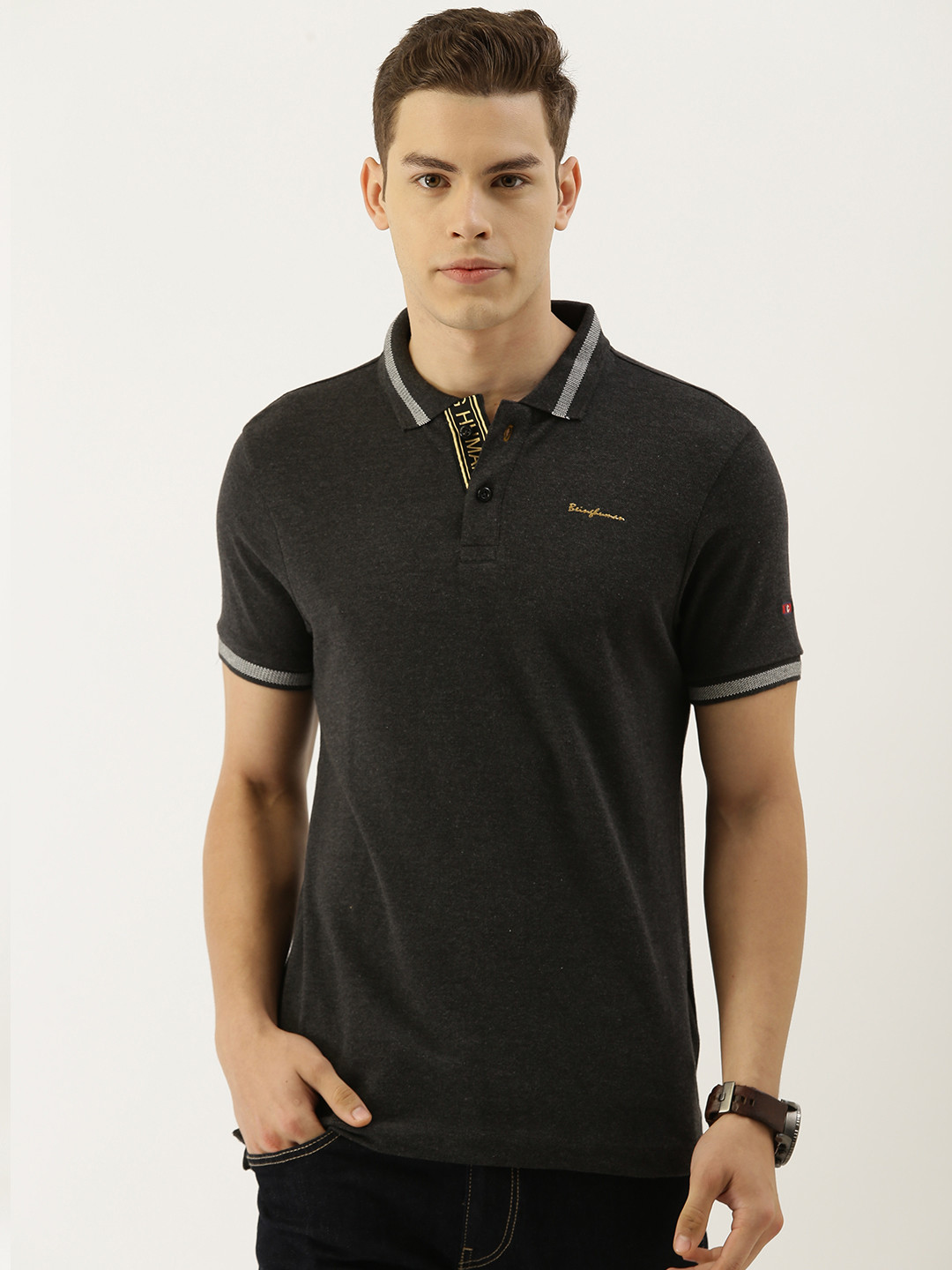 Being Human Men Black Solid Polo Collar T-shirt