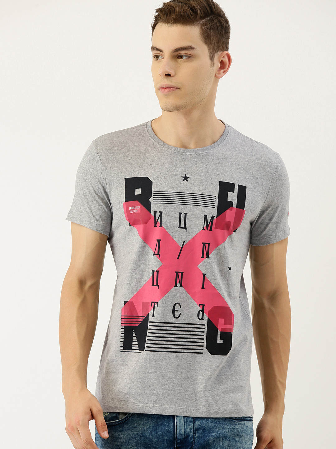 Being Human Men Grey Melange & Black Printed Round Neck T-shirt