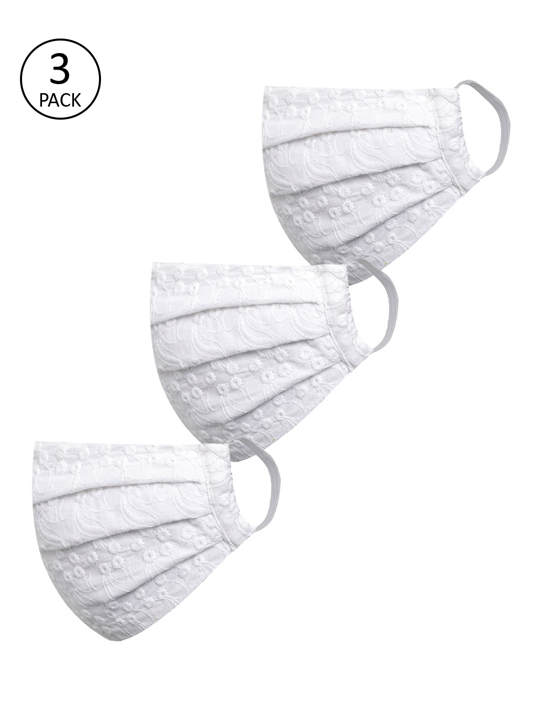 VASTRAMAY Adults White Embroidered 3 Pcs Reusable 2 Ply Protective Cloth Masks