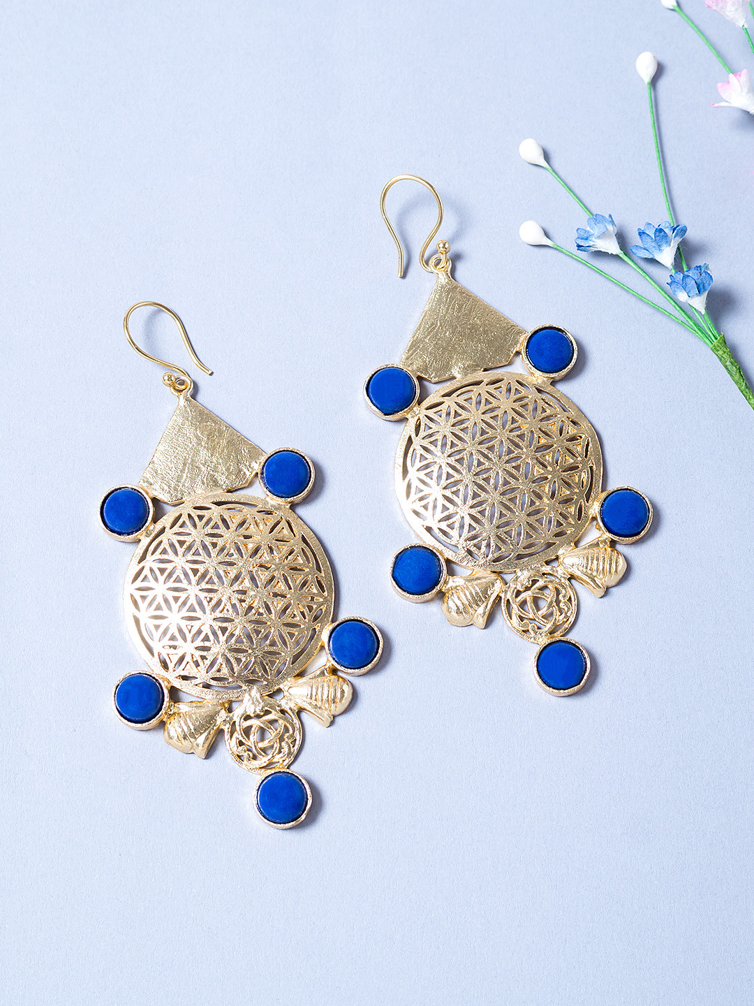 Golden Peacock Gold-Plated & Blue Geometric Drop Earrings