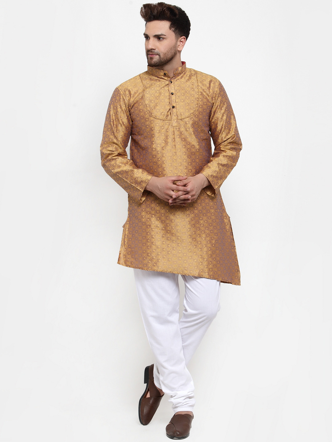 KLOTTHE Men Gold-Toned & Brown Woven Design A-Line Silk Kurta