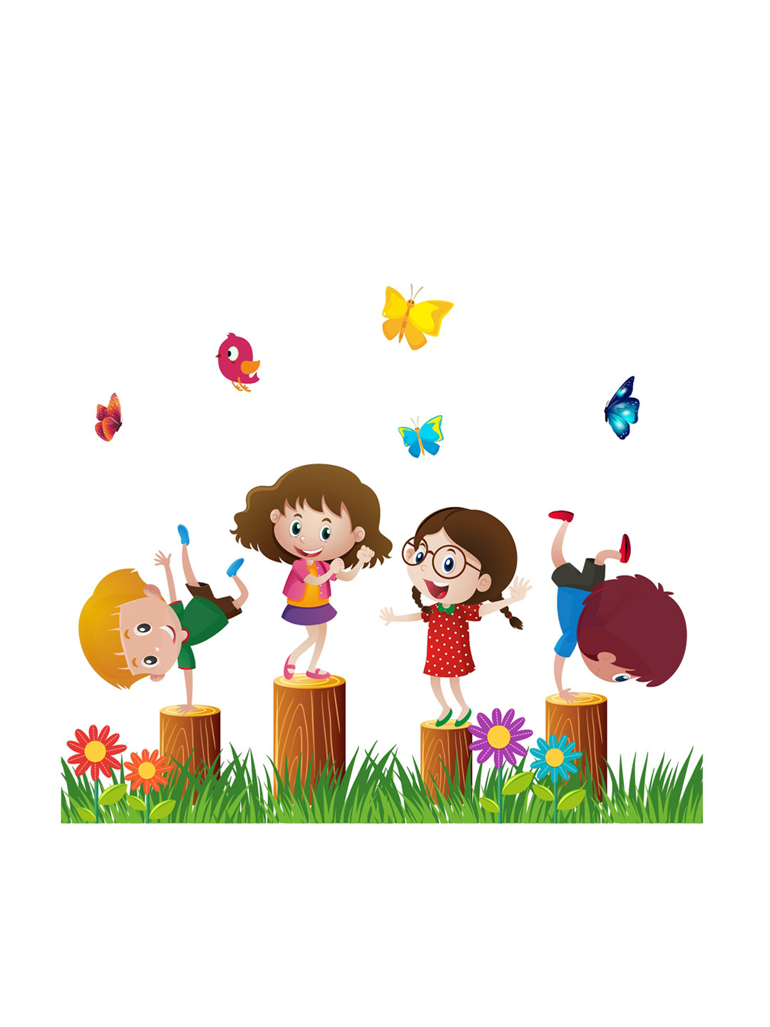 rawpockets Brown And Blue Kids Playing In Garden Printed Wall Stickers