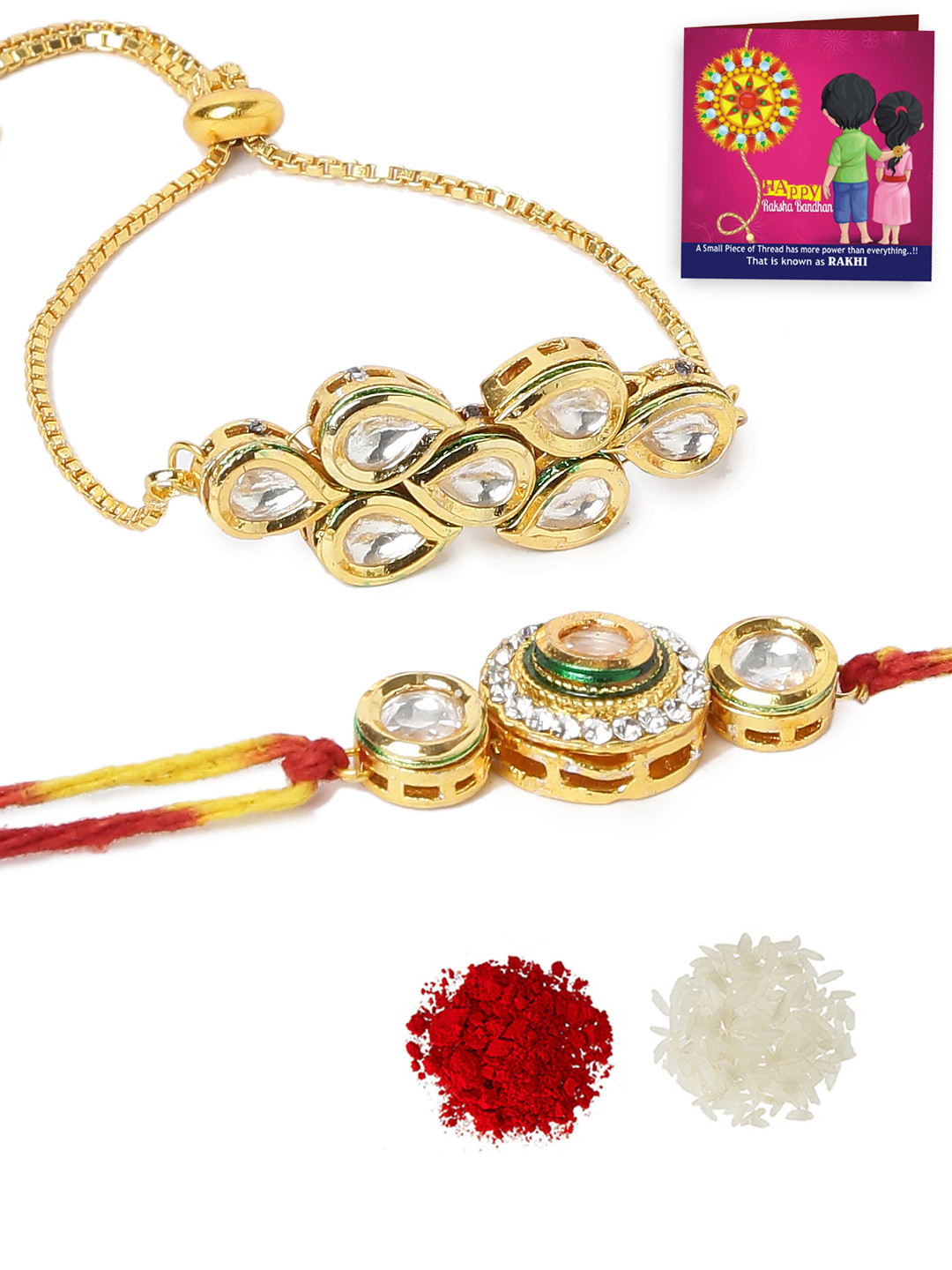 Yellow Chimes Unisex Yellow & Red Gold-Plated Handmade Rakhi Combo with Roli & Chawal