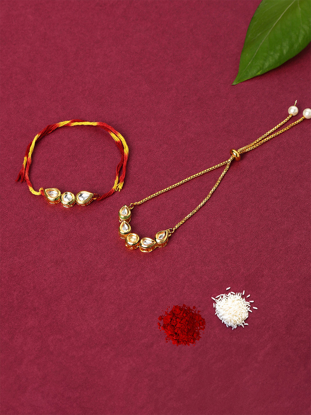 Yellow Chimes Gold-Plated Kundan Dori Bhaiya Bhabhi Rakhi Combo with Roli & Chawal