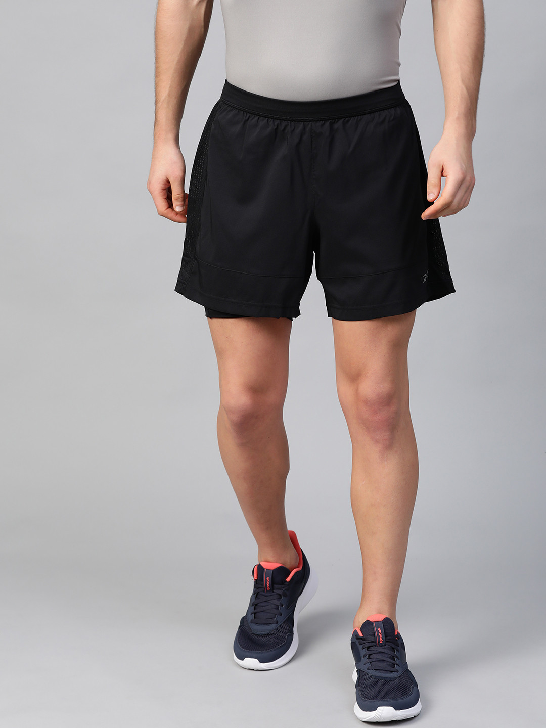 Reebok Men Black Solid Running Essentials Two-in-One Shorts