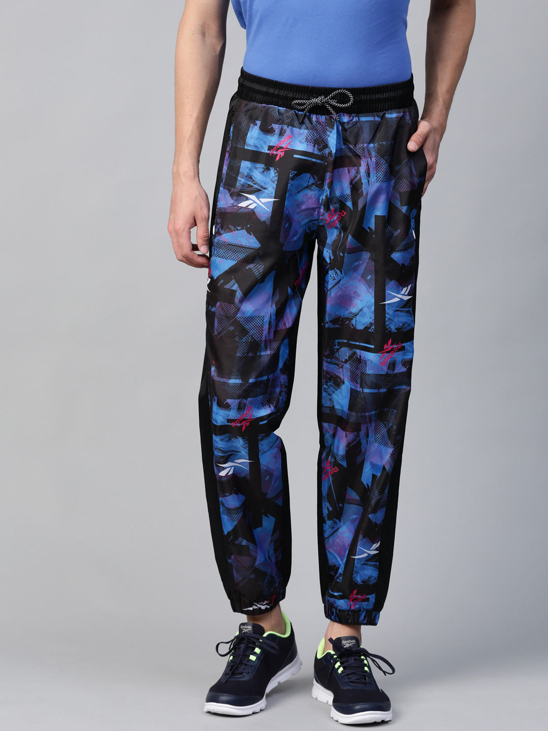 Reebok Men Black & Blue Meet You There All Over Print Training Joggers