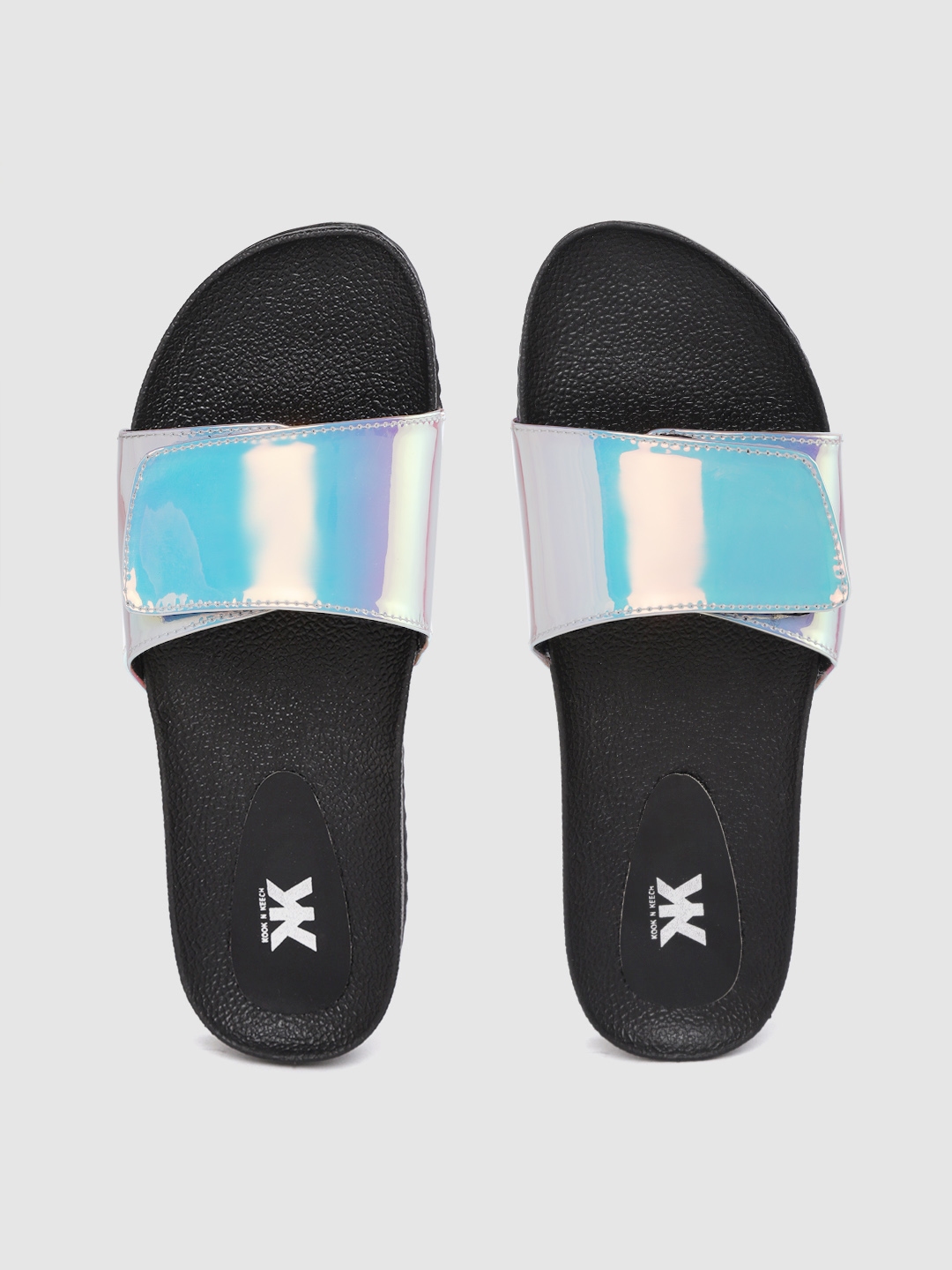 Kook N Keech Women Silver Toned Black Iridescent Effect Sliders