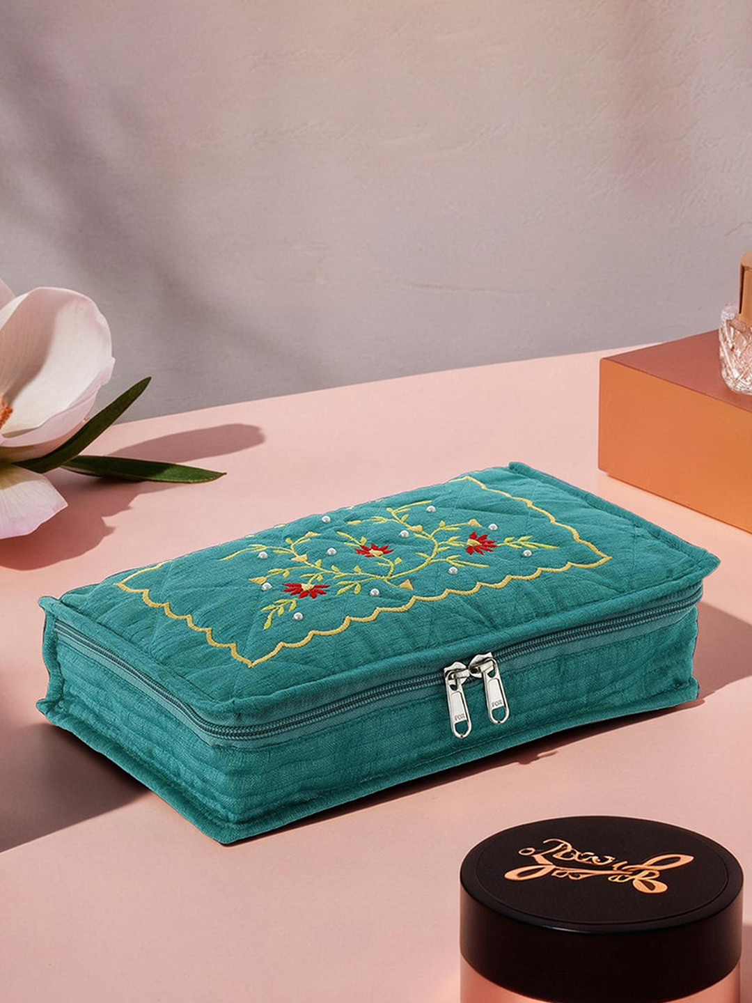 Kuber Industries Green & Yellow Embroidered Jewellery Organiser