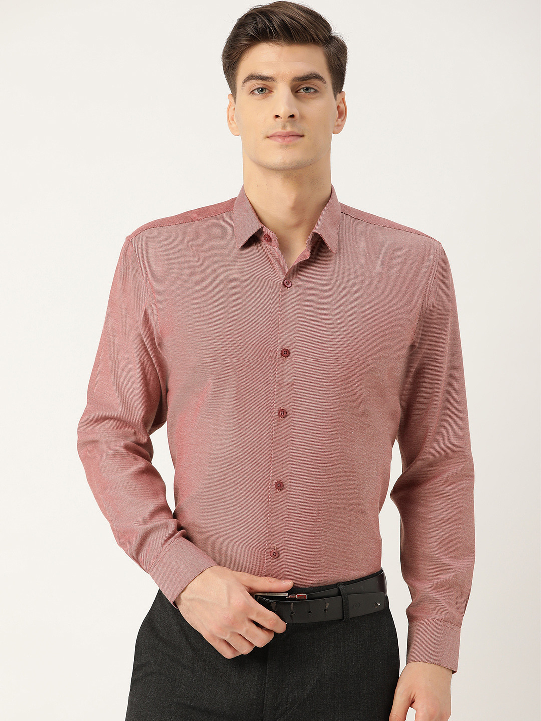 SOJANYA Men Maroon & White Classic Regular Fit Self Design Formal Shirt