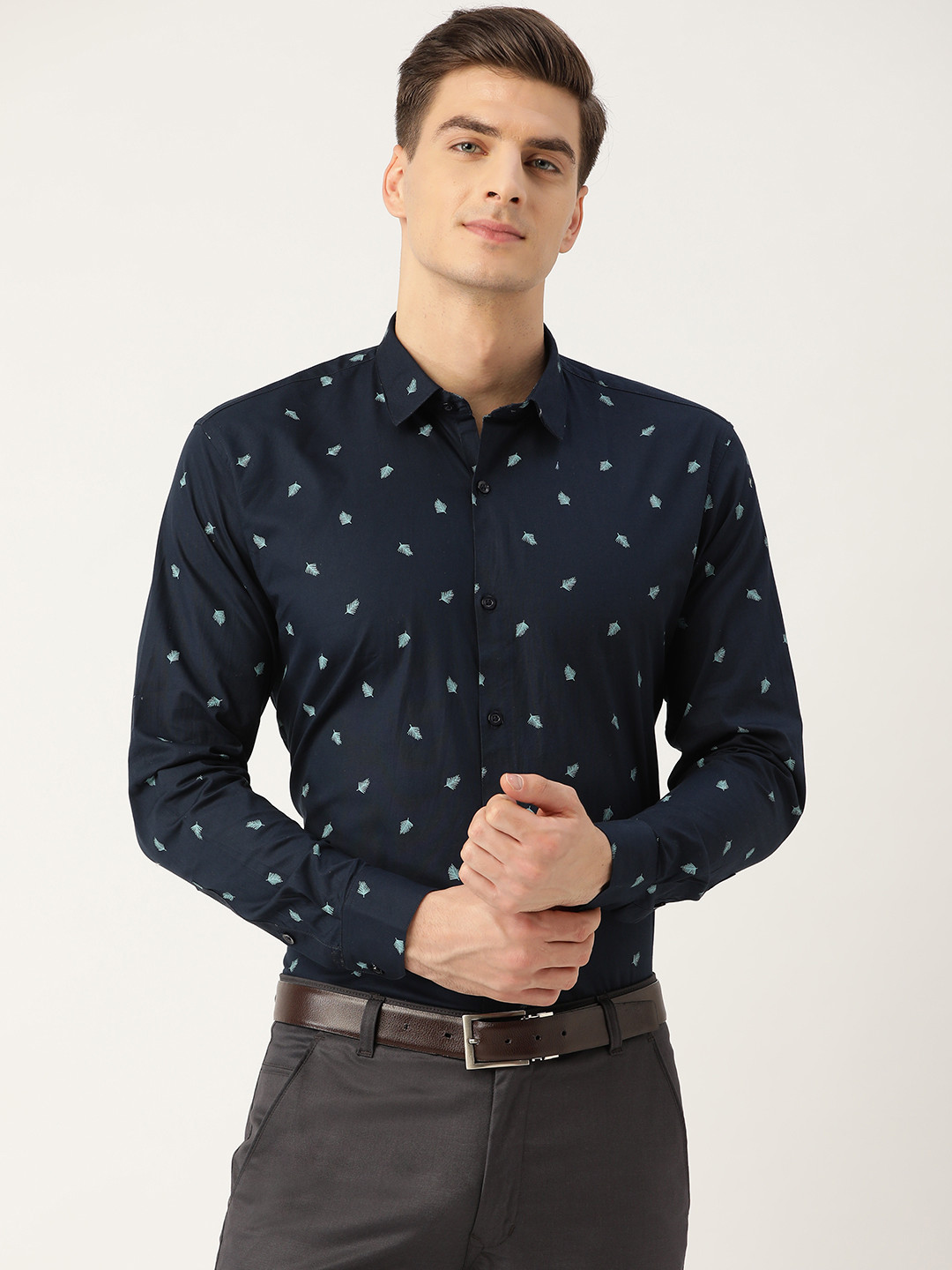 SOJANYA Men Navy Blue Classic Regular Fit Leaf Print Formal Shirt