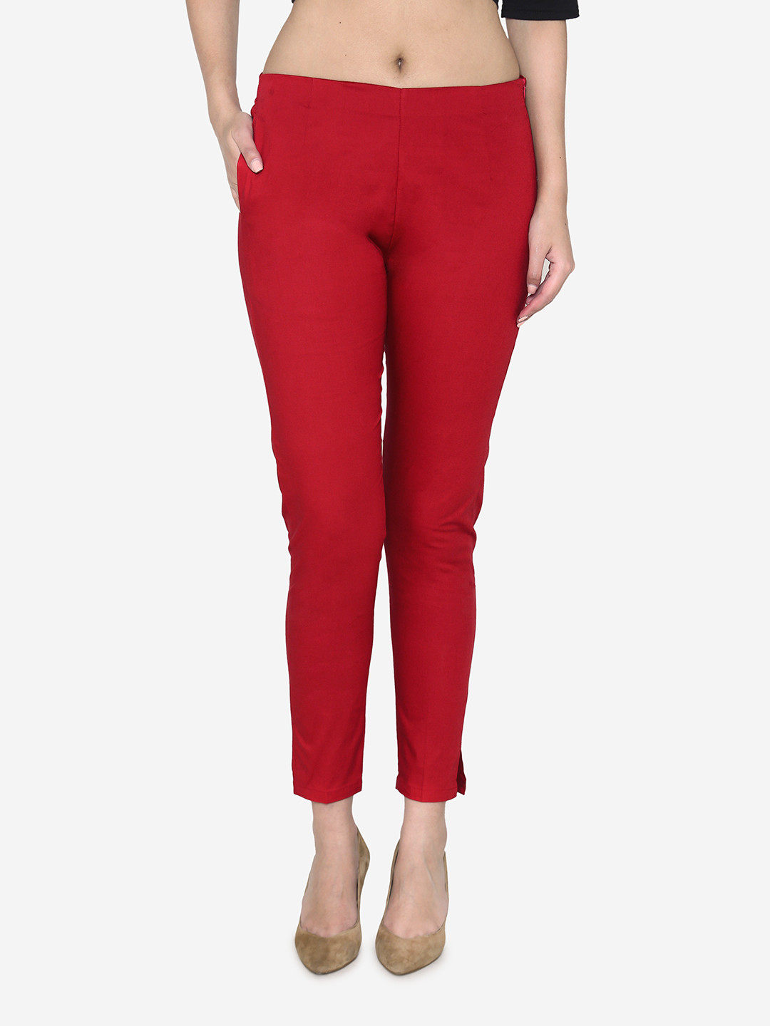 Vami Women Maroon Solid Cigarette Trousers