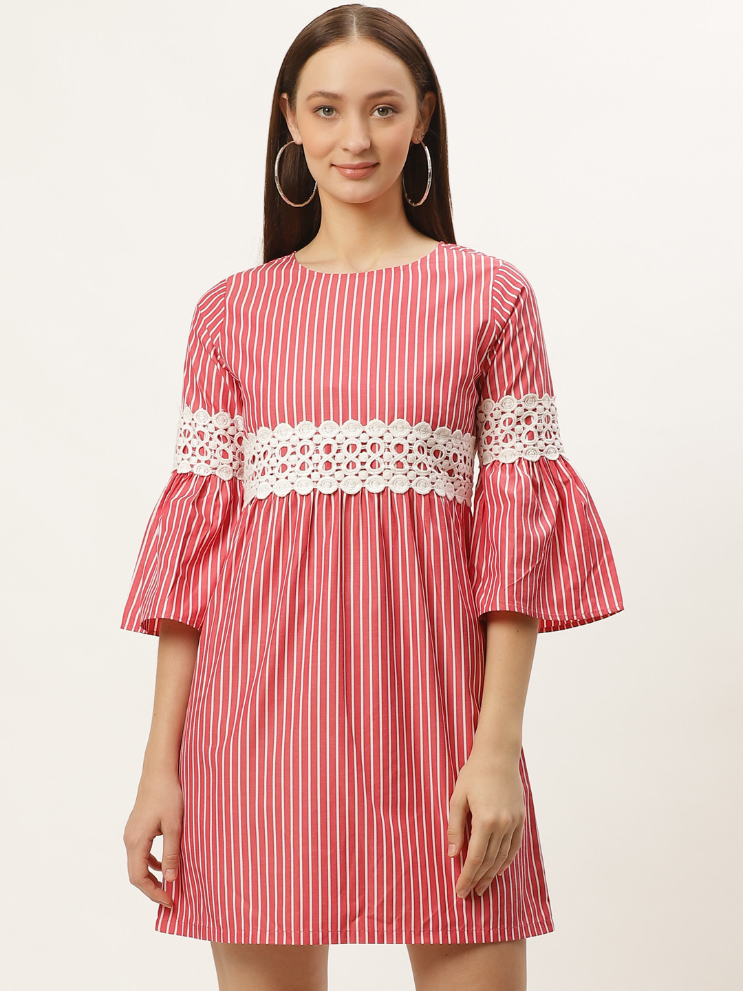 Style Quotient Women Coral Red & White Striped Empire Dress