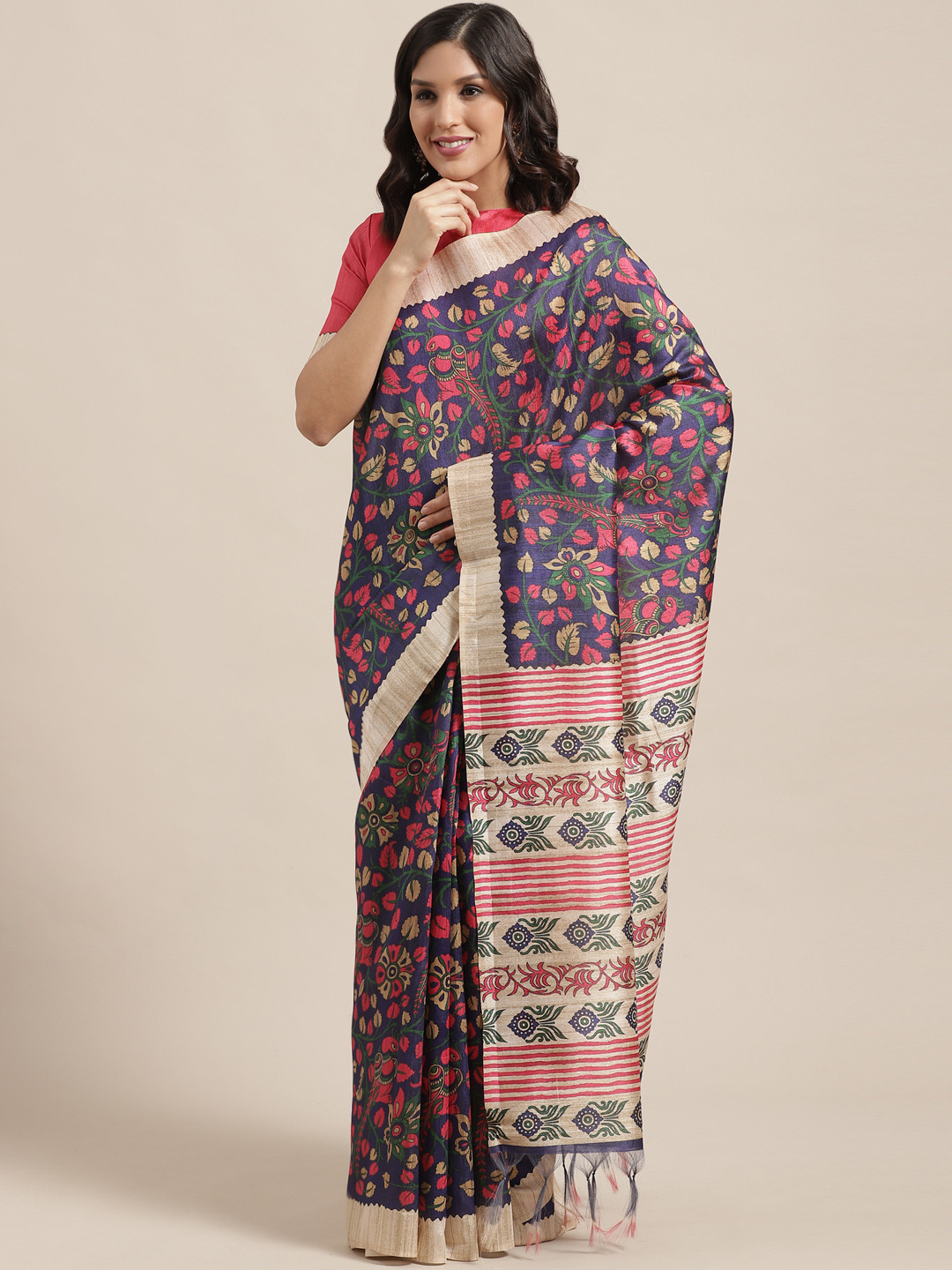Saree mall Blue & Pink Printed Bhagalpuri Saree