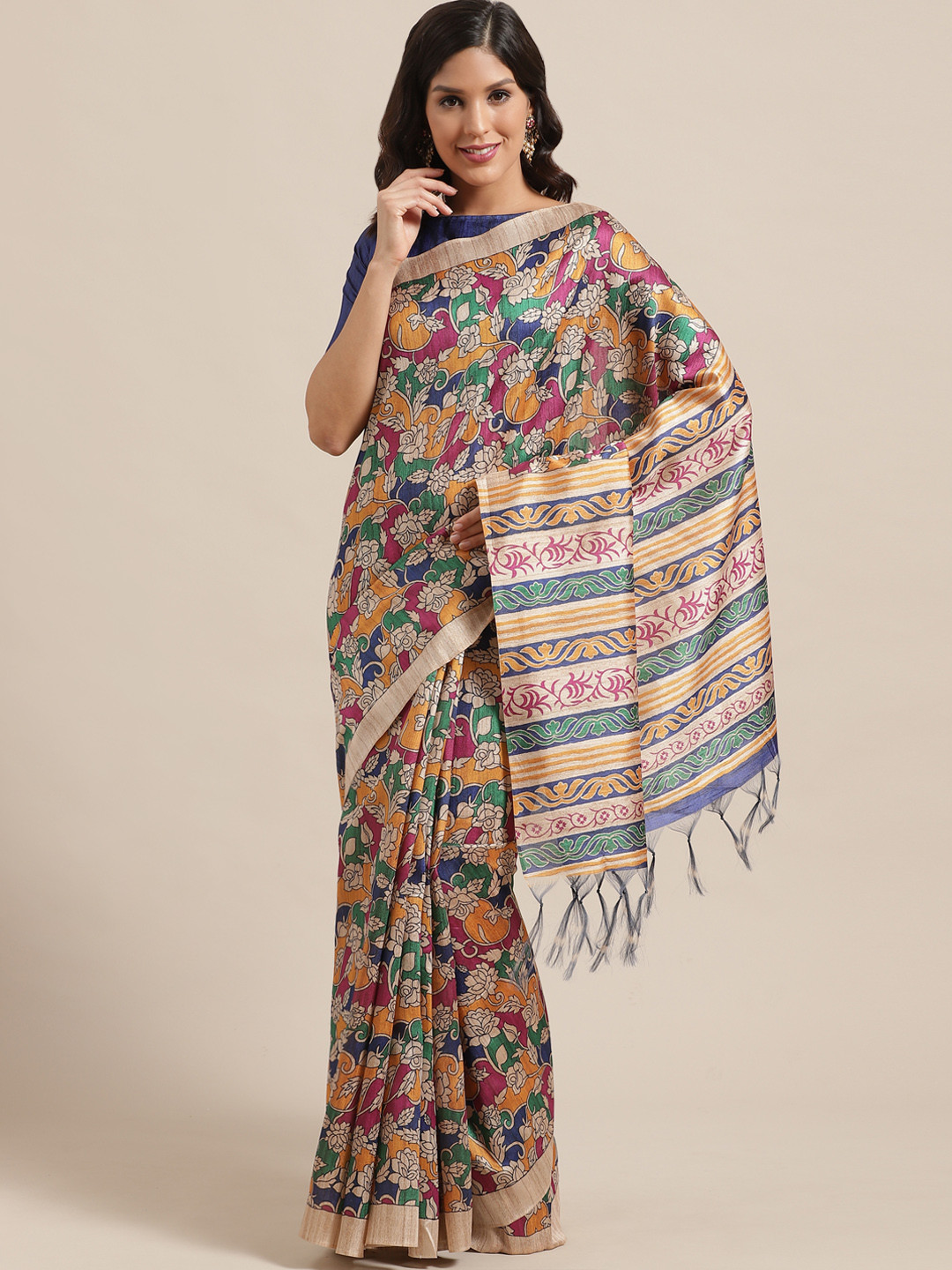 Saree mall Yellow & Green Printed Handloom Bhagalpuri Saree