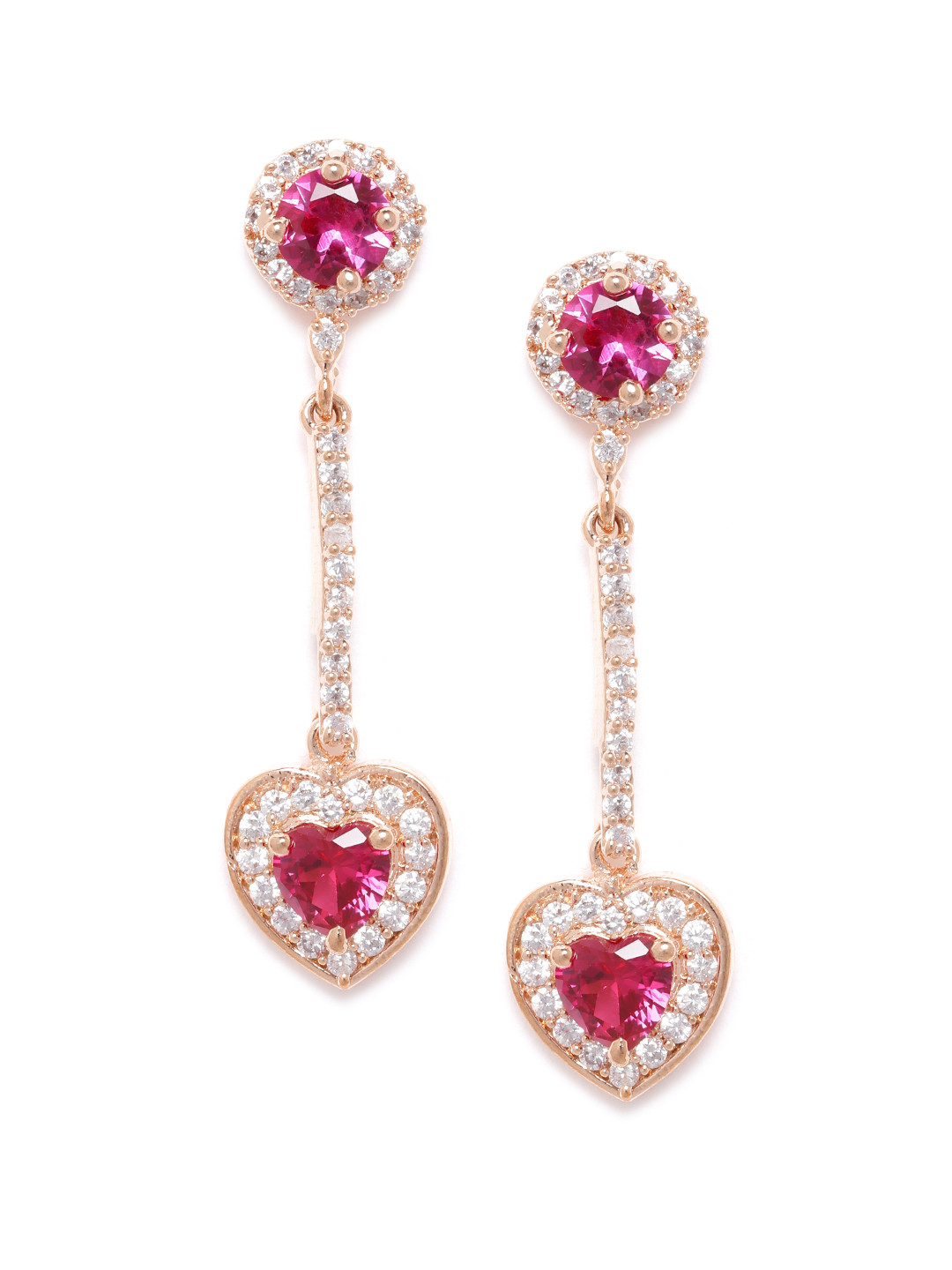 Zaveri Pearls Magenta Gold-Plated CZ-Studded Heart-Shaped Drop Earrings