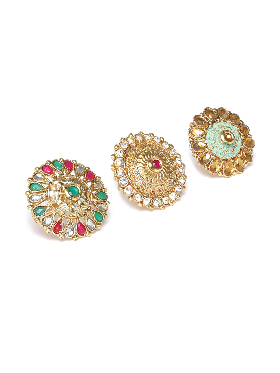 Zaveri Pearls Women Set of 3 Gold-Plated Stone-Studded Adjustable Finger Rings