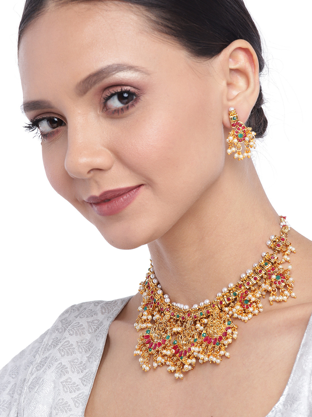 Zaveri Pearls Red & Green Gold-Plated Stone-Studded Goddess Laxmi Textured Jewellery Set