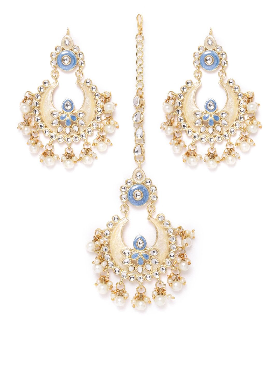 Zaveri Pearls Blue & Cream-Coloured Gold-Plated Enamelled Kundan-Studded Jewellery Set