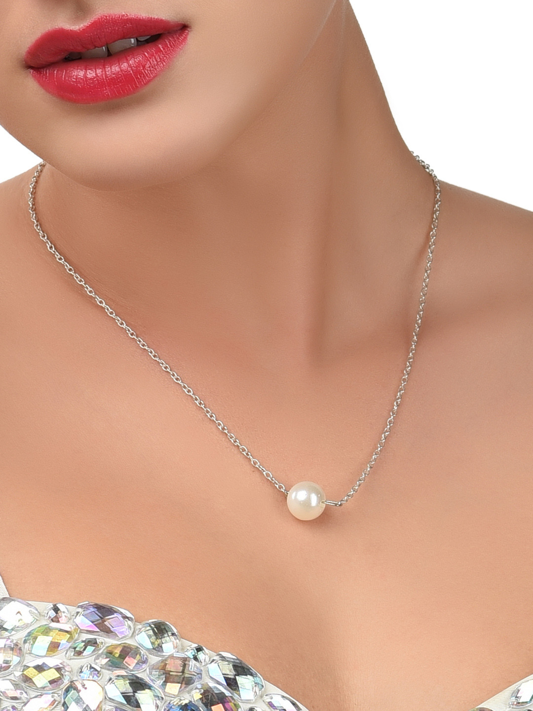 Zaveri Pearls White Silver-Plated Beaded Necklace