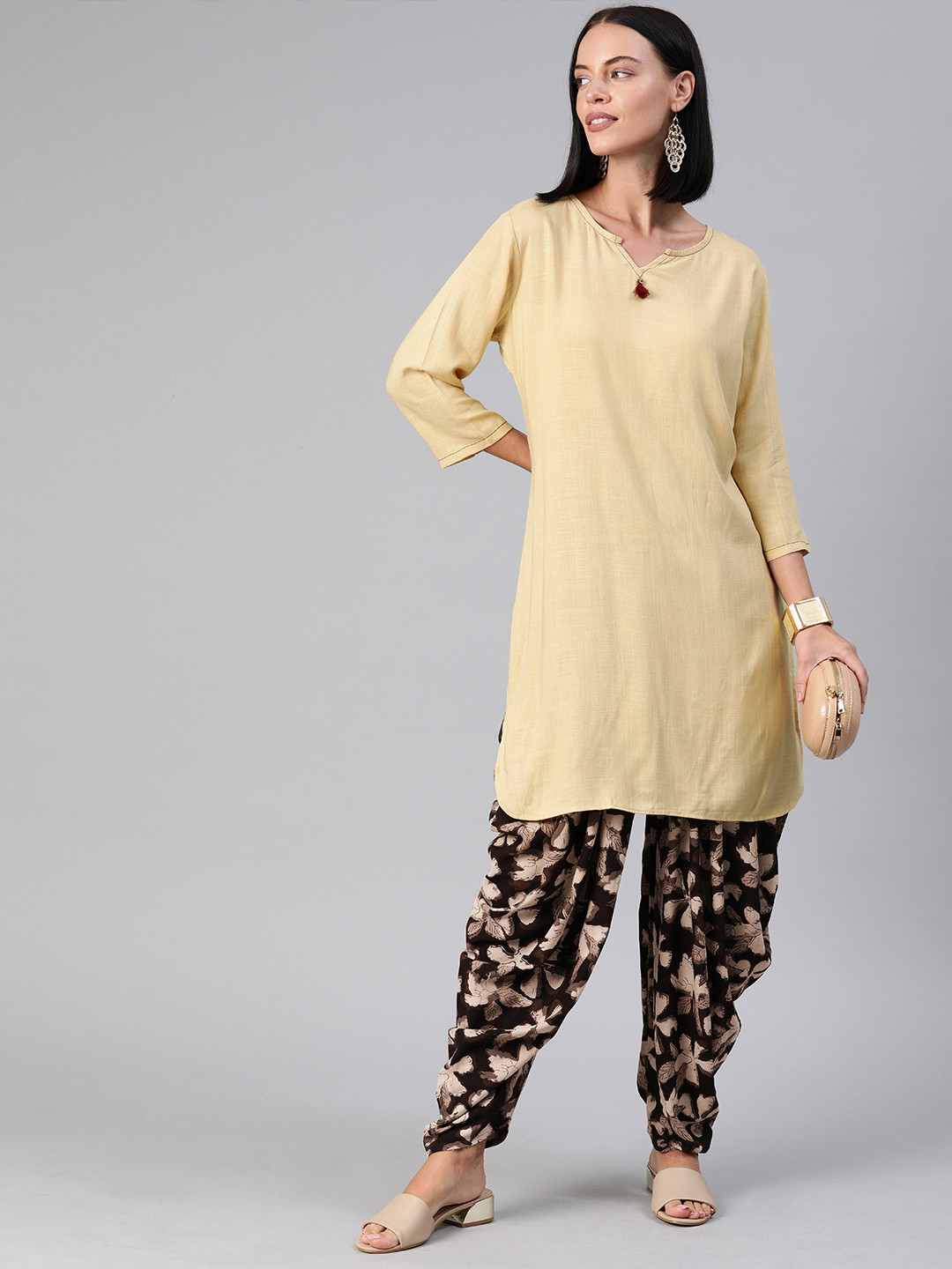 Geroo Jaipur Beige Solid Rayon Kurta with Hand Block Printed Black Dhoti