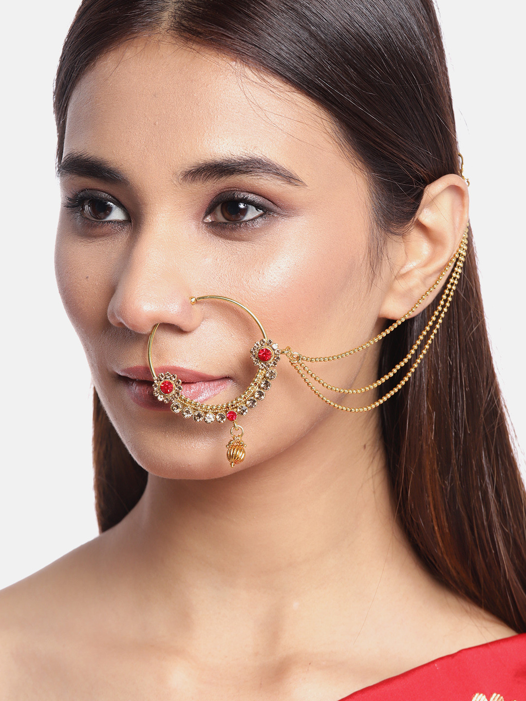 JEWELS GEHNA Red Gold-Plated CZ-Studded & Beaded Chained Nose Ring