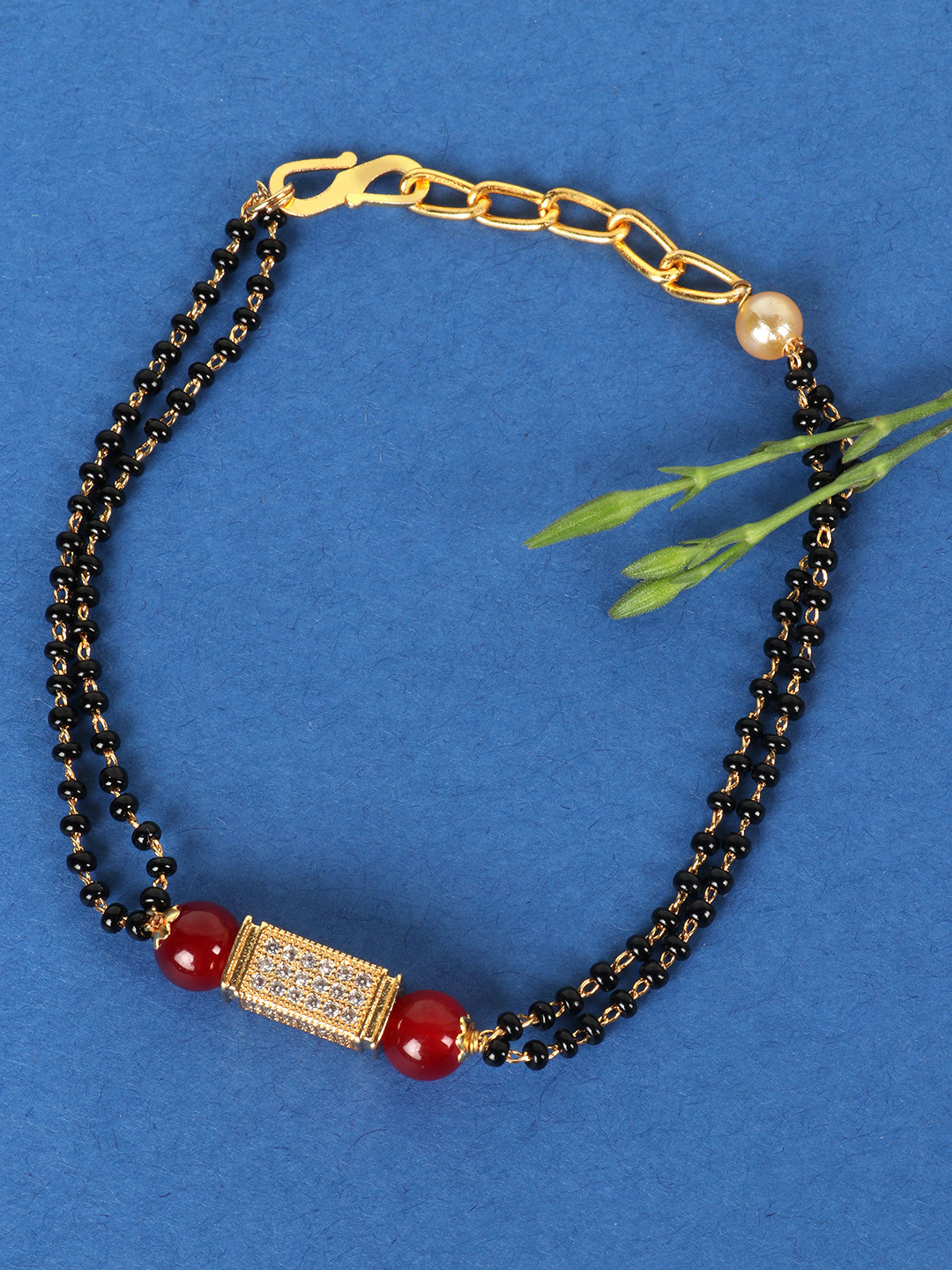 JEWELS GEHNA Black & Red Gold-Plated Beaded & AD-Studded Mangalsutra Bracelet