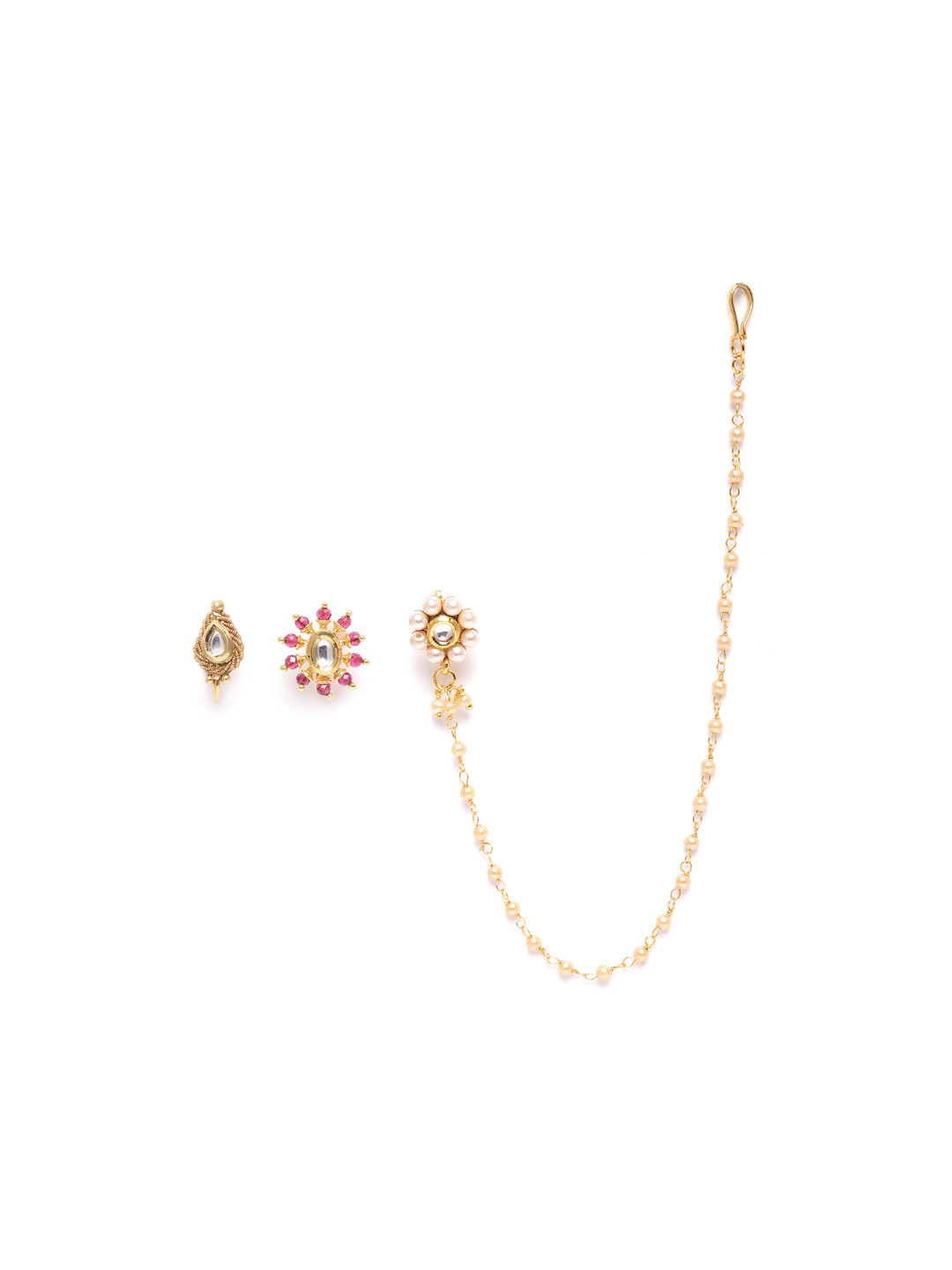 JEWELS GEHNA Set of 3 Gold-Toned Kundan Studded & Beaded Nose Pins