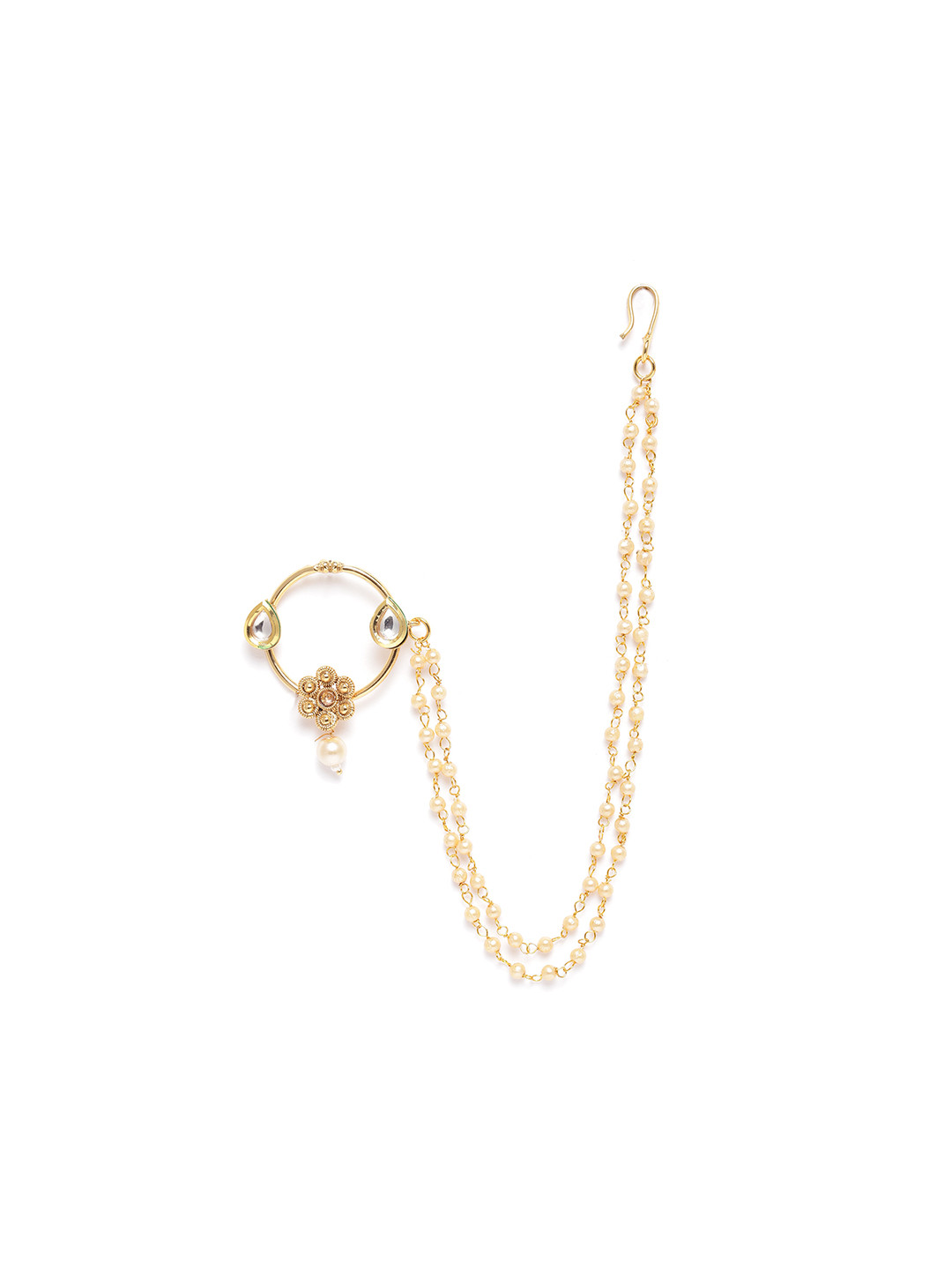 JEWELS GEHNA Cream-Coloured Gold-Plated CZ-Studded & Beaded Chained Nose Ring