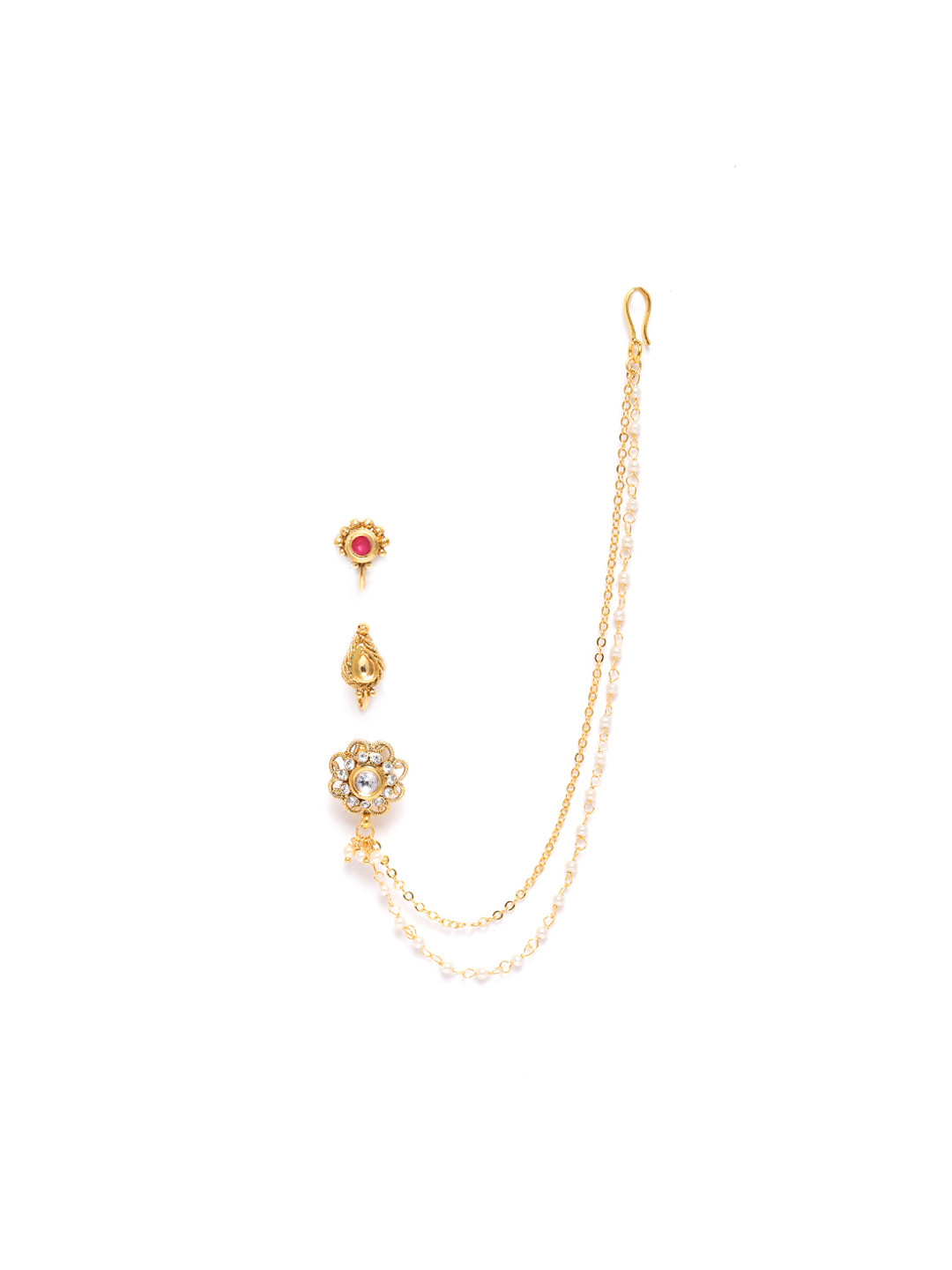 JEWELS GEHNA Set of 3 Gold-Plated Kundan-Studded Nose Pins