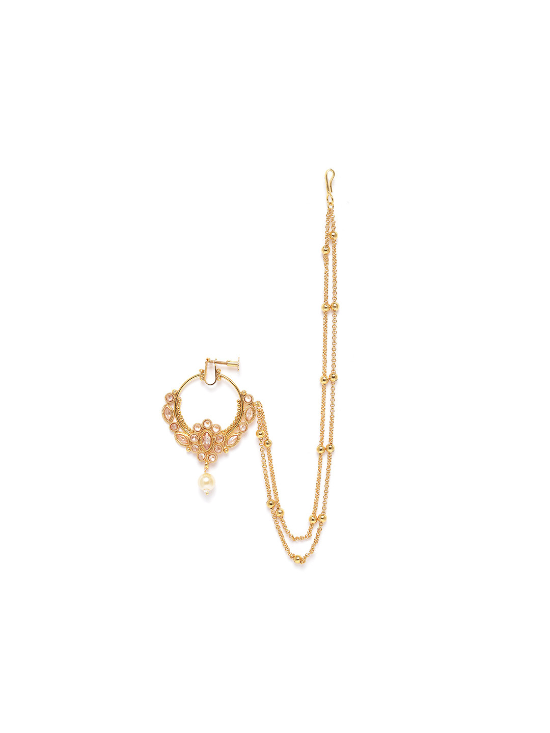 JEWELS GEHNA Gold-Plated CZ-Studded & Beaded Chained Nose Ring
