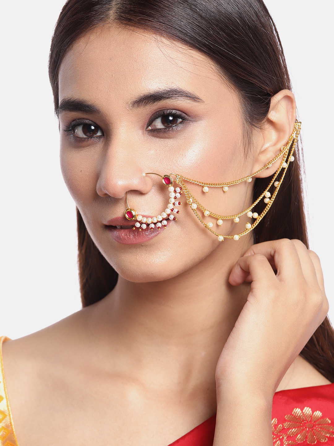 JEWELS GEHNA Magenta & Off-White Gold-Plated Kundan Studded & Beaded Chained Nose Ring