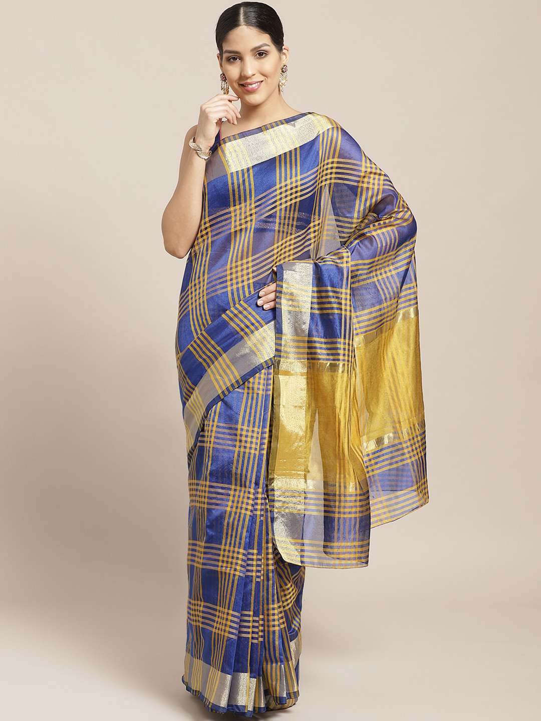 Chhabra 555 Blue & Yellow Checked Chanderi Saree