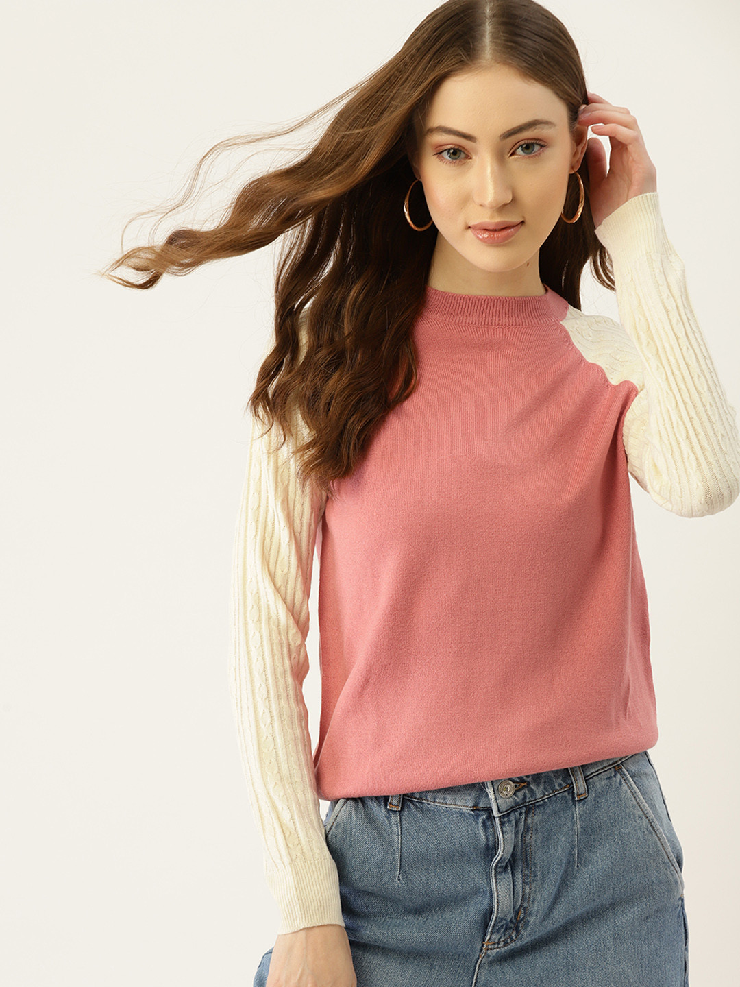 DressBerry Women Dusty Pink & Of-White Solid Pullover Sweater