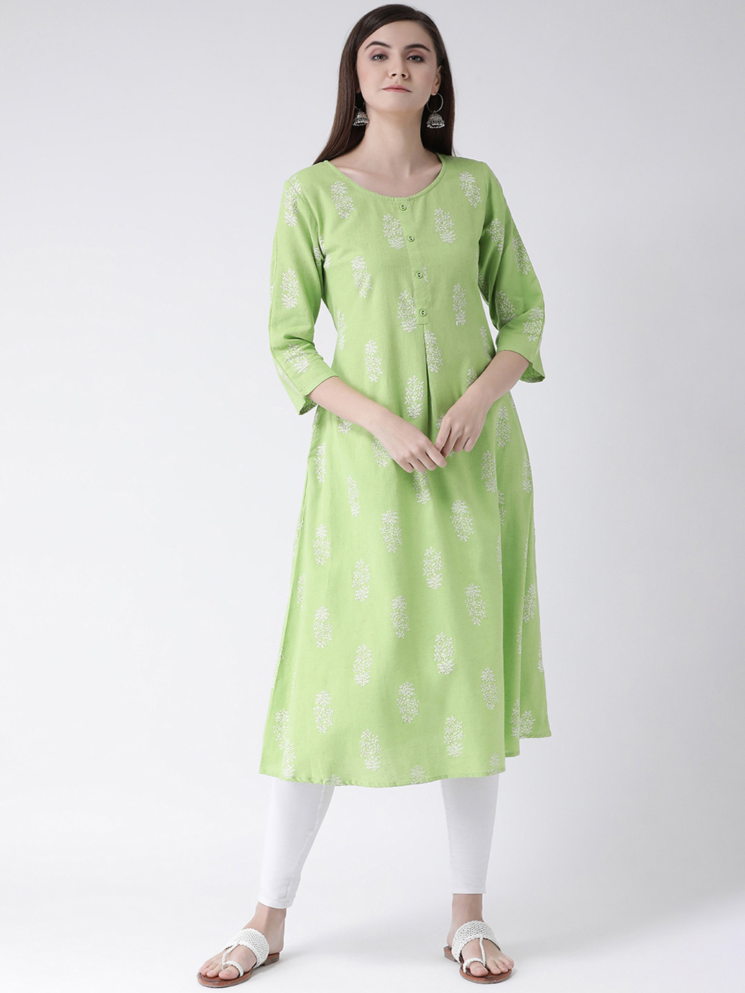 Span Women Green & White Embroidered A-Line Kurta