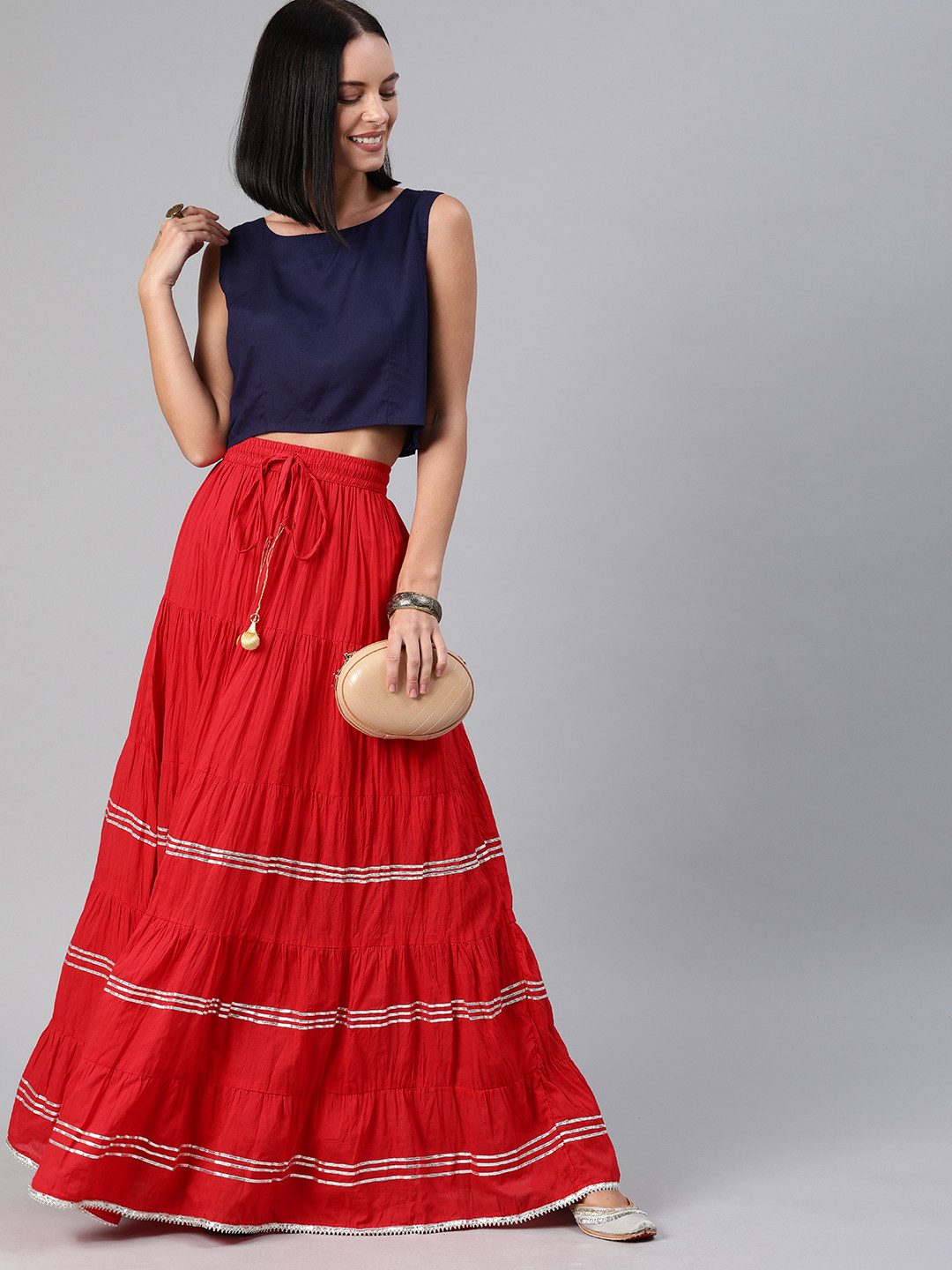 Geroo Jaipur Hand Crafted flared Red Pure Cotton Skirt with Blue Crop Top